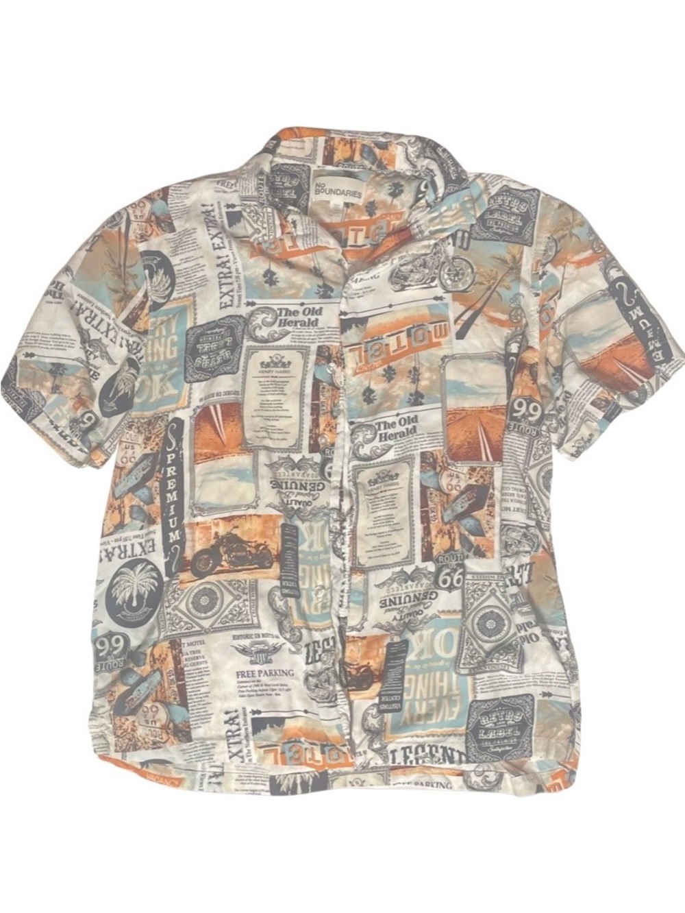 No Boundaries Men's Multicolor Newspaper Travel Print Short-Sleeve Shirt medium